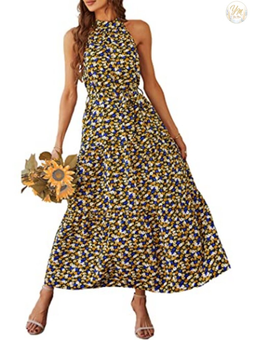 Women's Floral Halter Maxi Dress Sleeveless Bohemian Beach Vacation
